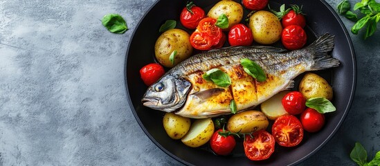 Poster - Skillet roasted haddock fish fillet with tomatoes and potatoes Gray background Top view Copy space
