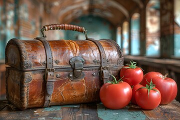 Wall Mural - Vintage Wooden Chest with Fresh Tomatoes in Rustic Setting - Perfect for Farm to Table Themes