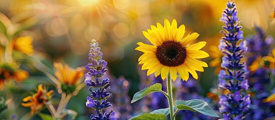 Aufkleber - Attractive sunflower and purple wild sage set against a white background. with copy space image. Place for adding text or design