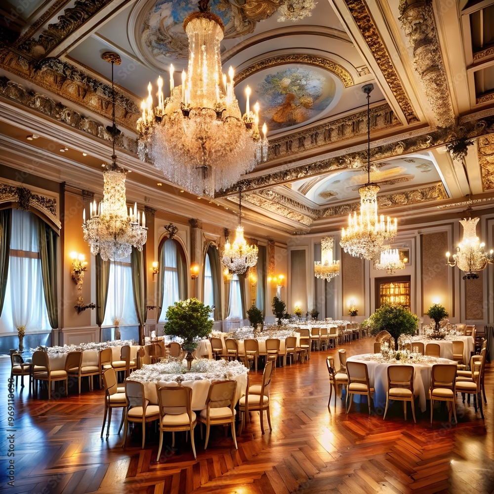Opulent dining hall with sparkling chandeliers and beautifully set ...