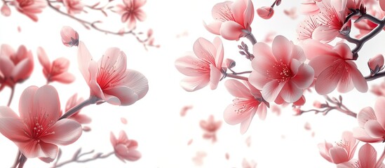 Leinwandbilder - Blooming flowers and leaves of a tree on a white background. with copy space image. Place for adding text or design