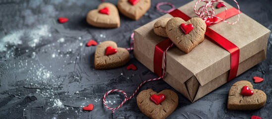 Wall Mural - Gift box featuring a heart and heart shaped cookies on a gray concrete backdrop Wrapped in kraft paper and adorned with a felt heart Top view Valentine s Day theme Selective focus