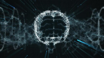 Wall Mural - Animation of digital brain over light trails on black background