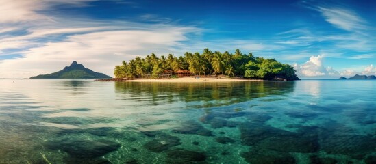 Wall Mural - Tropical island in the open sea. Aerial view of a small rocky uninhabited island with a small sandy beach among a coral reef.