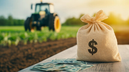 A close-up of a money bag with a dollar sign on a table, with a tractor working the field in the background, signifying the purchase of land and loans for agricultural development.