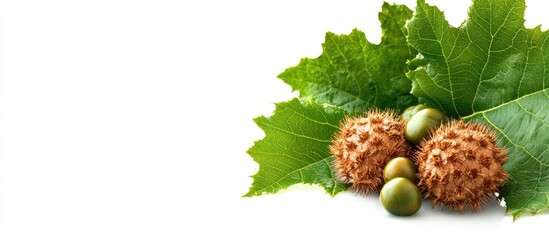 Aufkleber - Chestnuts and curly leaves in green isolated on a white background. with copy space image. Place for adding text or design