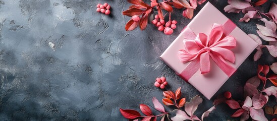 Canvas Print - A bouquet of pink flowers accompanied by leaves and a gift box adorned with a red ribbon set against a gray background Top view Celebration day concept. with copy space image