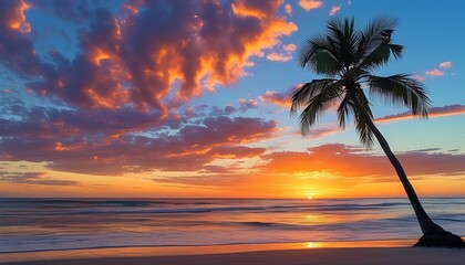 Sticker - At sunset, the lonely palm trees on the beach and the charming sky form a beautiful scene that is refreshing and refreshing.