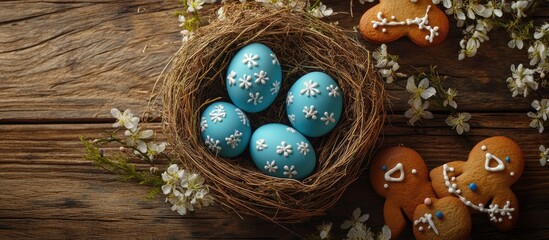 Poster - Easter decoration idea Turquoise painted quail eggs in a natural nest alongside whimsical gingerbread birds and an Easter bunny on a rustic wooden background with copy space top view flat lay