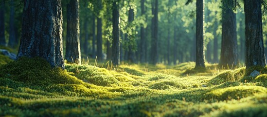 Fototapete - A enchanting pine tree forest in daylight featuring moss and grass. with copy space image. Place for adding text or design