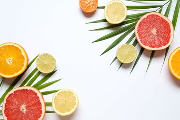 Tropical fruits on white background. Summer concept. Flat lay, top view, copy space