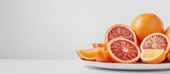 Fototapete - Composition of whole and sliced blood oranges arranged on a plate against a white table background. with copy space image. Place for adding text or design