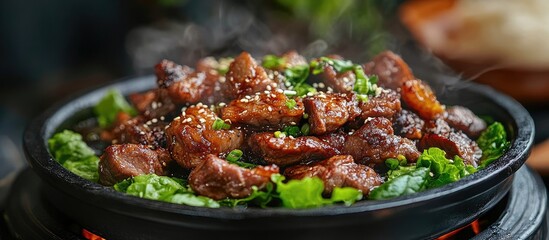 Aufkleber - Pan fried black pork dish at a Korean restaurant fresh and tasty Korean cuisine served on an iron plate with lettuce close up copy space lifestyle