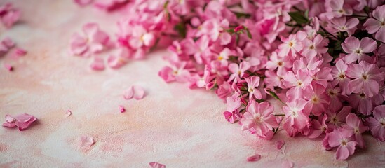 Wall Mural - Beautiful floral greeting card with a spring and summer abstract background Colorful pink phlox flowers and tea top view flat lay selective focus Mother s Day greeting. with copy space image