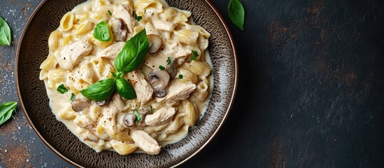 Aufkleber - Italian creamy pasta with chicken and mushrooms garnished with basil sauce top view Classic Italian lunch idea. with copy space image. Place for adding text or design