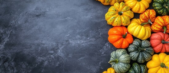 Bunches of squash form a natural border around an empty area with copyspace on the table