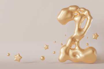 Golden liquid number 2 with droplets and stars on beige background. Elegant fluid, luxurious metallic surface. Numeral two. Flowing molten gold. Second birthday, business anniversary. Copy space. 3D.