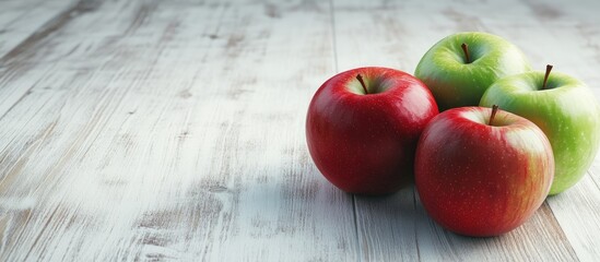 Poster - One red apple and two green apples rest on a white wooden surface There are fresh apples on the kitchen table totaling three apples. with copy space image. Place for adding text or design