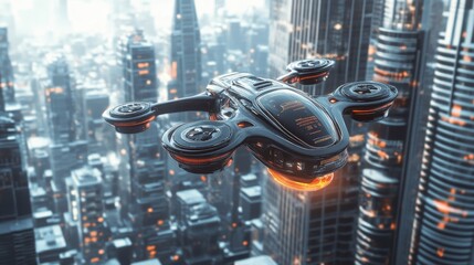 Autonomous personal flying devices in futuristic urban airspaces: Individual flying vehicles hovering between skyscrapers.