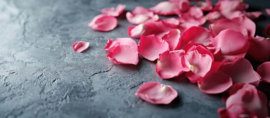 Leinwandbilder - Pink rose petals on a grey glass surface Minimalist aesthetic concept. with copy space image. Place for adding text or design