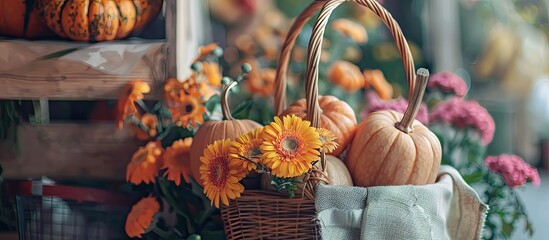 Canvas Print - Craft bag pumpkin and flowers on the kitchen table Delivery service concept cooking ingredients organic goods healthy eating and diet Copyspace