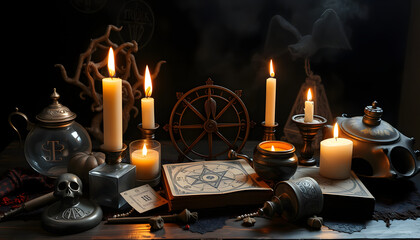 Esoteric and occult still life with vintage magic objects, runes and burning candles on witch table altar for mystic rituals and fortune telling. Halloween and gothic background isolated with white 