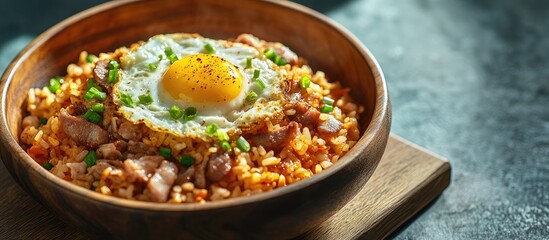 Leinwandbilder - Tasty volcanic shaped fried rice with egg and spicy sauce featuring pork and squid a well known South Korean dish at a restaurant in Jeju Island close up. with copy space image