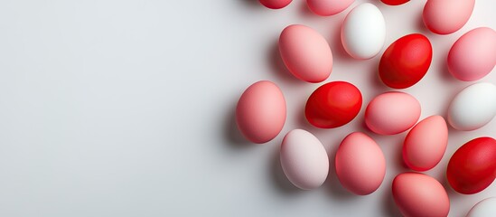 Poster - Red and pink shaded Easter eggs on a white background. with copy space image. Place for adding text or design