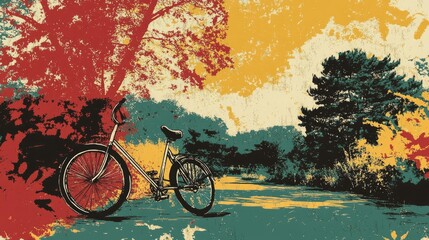retro illustration of a bike ride in a lush park setting
