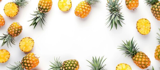 Pineapples separated on a white background viewed from above Fresh pineapple arrangement. with copy space image. Place for adding text or design