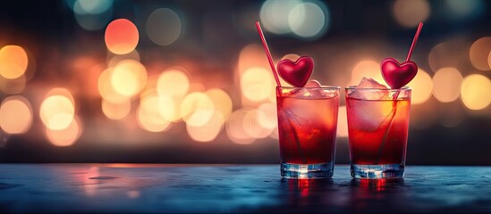 Two drink cups at night with beautiful bokeh representing the concept of Valentine s Day. with copy space image. Place for adding text or design