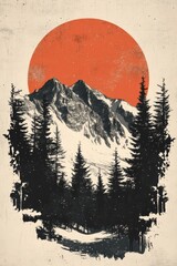 Wall Mural - Retro illustration of a beautiful majestic sunset in winter mountains with snow covered pine trees