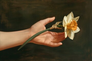 Poster - Painting daffodil holding flower.