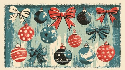 Wall Mural - Retro coloring book illustration of a horizontal pattern featuring Christmas ornaments and bows Hand drawn design