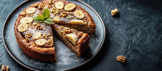 Aufkleber - Sliced date walnut and banana cake on a plate. with copy space image. Place for adding text or design