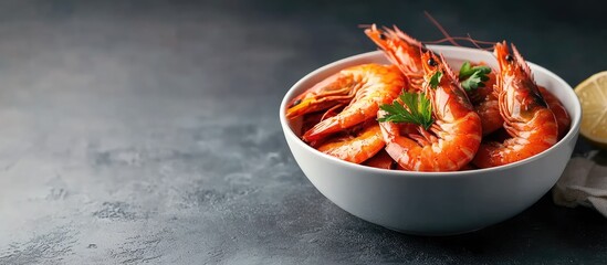 Aufkleber - tasty delicious shrimp in a bowl on a table. with copy space image. Place for adding text or design