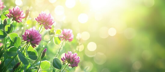 Poster - Summer blooming clover in a meadow bokeh floral background sparkly flower card. with copy space image. Place for adding text or design