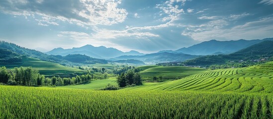 Poster - Green soybean fields in early summer and rice paddies that have been planted already. with copy space image. Place for adding text or design