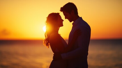 Canvas Print - A couple embraces during sunset, creating a romantic silhouette against the vibrant sky.