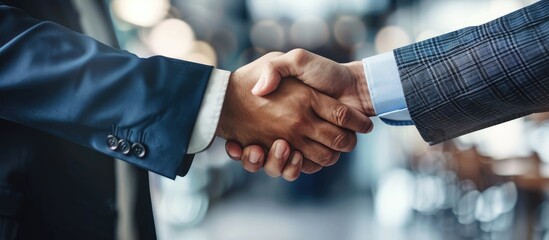 Banner showcasing lawyer teamwork and partnership through a handshake between businessmen Panorama featuring two men demonstrating trust honesty and commitment in a law firm setting Diversity and sol