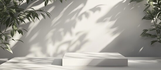 Poster - Abstract minimal nature scene featuring an empty stage and square podium against a gray background with soft shadows of tree leaves A pedestal for showcasing cosmetic products and packaging mockups