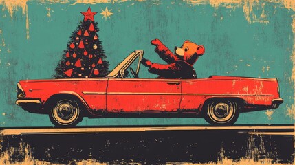 Festive teddy bear driving a car with a Christmas tree