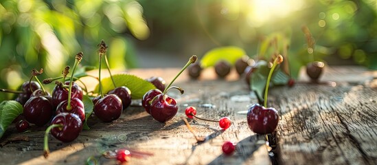 Wall Mural - Sweet cherry in the garden on a wooden surface Focus concept. with copy space image. Place for adding text or design