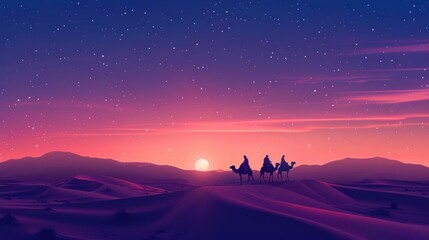 Camel caravan in the desert at sunrise - Sahara