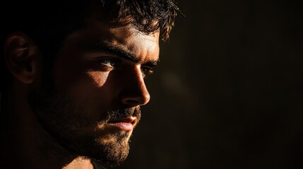 Wall Mural - A close-up portrait of a man with a serious expression and dramatic lighting.