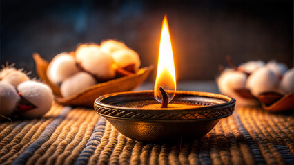 Single Lit Diya Lamp with Soft Warm Glow, Traditional Indian Setting, Dark Background