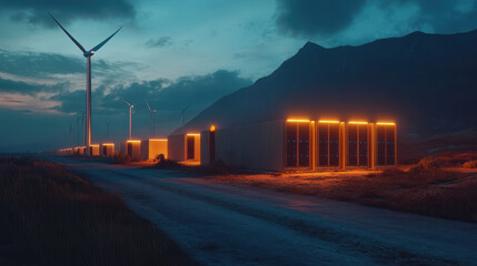 A serene night scene of wind farm featuring illuminated battery storage units along winding road, surrounded by mountains and tranquil sky. atmosphere evokes sense of innovation and sustainability