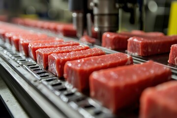 Wall Mural - Close-up of Raw Meat on a Conveyor Belt in a Food Processing Plant