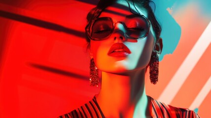 Wall Mural - A stylish portrait of a woman with sunglasses, highlighted by vibrant lighting.