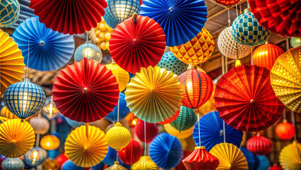 Vibrant Paper Decorations Hanging from the Ceiling, Soft Natural Light, Festive Atmosphere